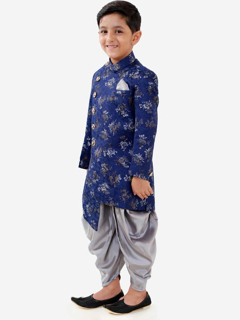 Boy's Blue And Grey Angrakha Style Indowestern Sherwani And Dhoti Set
