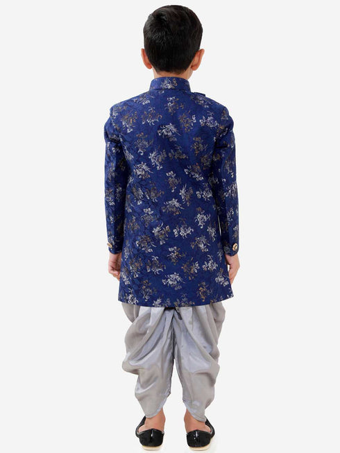 Boy's Blue And Grey Angrakha Style Indowestern Sherwani And Dhoti Set