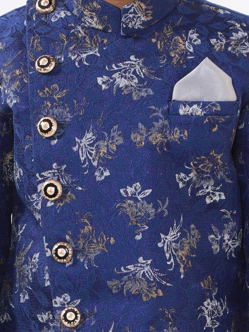 Boy's Blue And Grey Angrakha Style Indowestern Sherwani And Dhoti Set