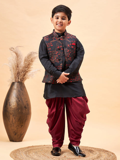 Boy's Maroon Jacquard Jacket With Black Kurta And Dhoti Set