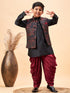 Boy's Maroon Jacquard Jacket With Black Kurta And Dhoti Set