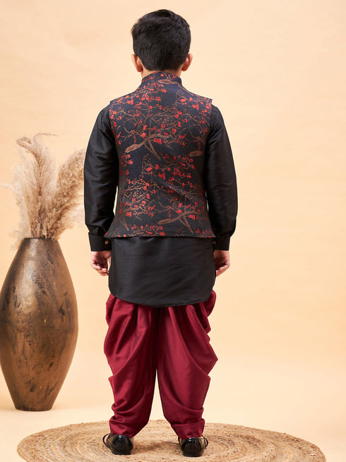 Boy's Maroon Jacquard Jacket With Black Kurta And Dhoti Set