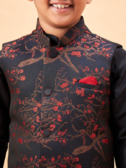 Boy's Maroon Jacquard Jacket With Black Kurta And Dhoti Set