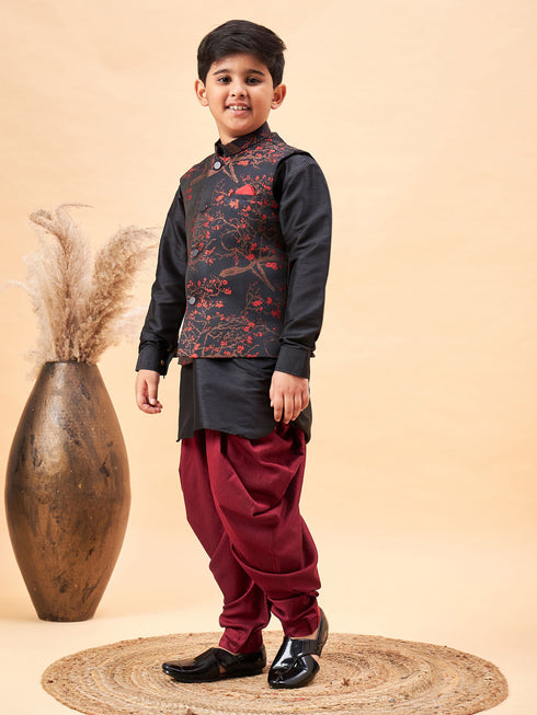 Boy's Maroon Jacquard Jacket With Black Kurta And Dhoti Set