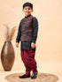 Boy's Maroon Jacquard Jacket With Black Kurta And Dhoti Set