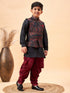 Boy's Maroon Jacquard Jacket With Black Kurta And Dhoti Set