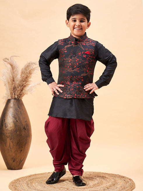 Boy's Maroon Jacquard Jacket With Black Kurta And Dhoti Set