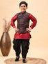 Boy's Maroon Jacquard Jacket With Maroon Kurta And Dhoti Set