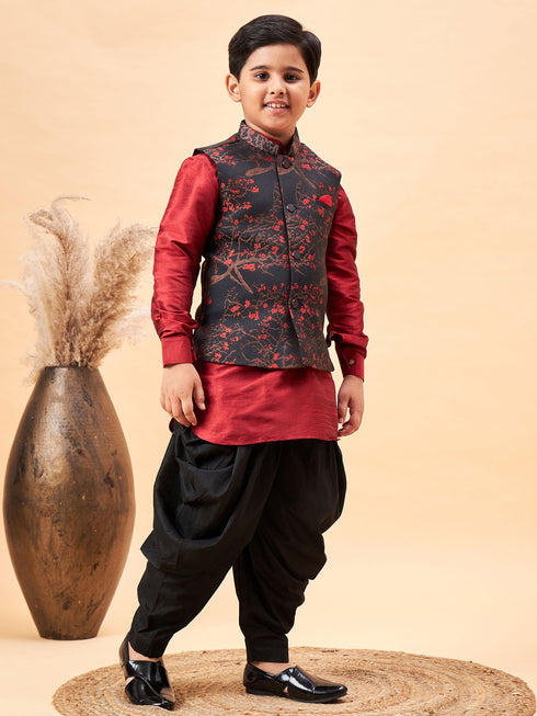 Boy's Maroon Jacquard Jacket With Maroon Kurta And Dhoti Set