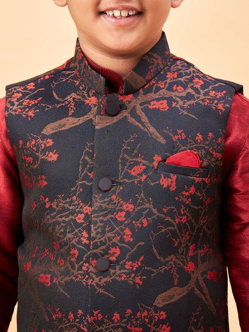 Boy's Maroon Jacquard Jacket With Maroon Kurta And Dhoti Set