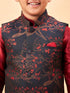 Boy's Maroon Jacquard Jacket With Maroon Kurta And Dhoti Set