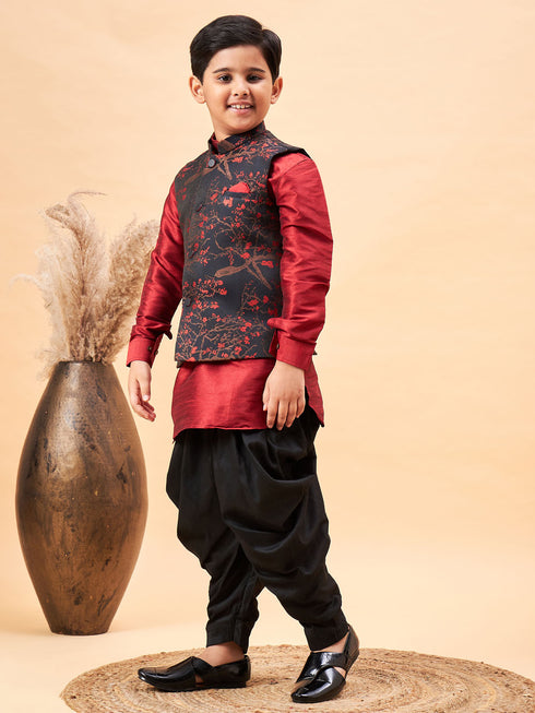 Boy's Maroon Jacquard Jacket With Maroon Kurta And Dhoti Set