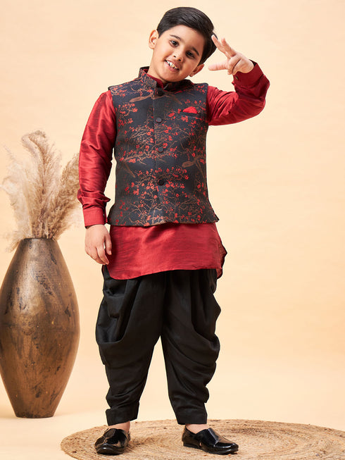 Boy's Maroon Jacquard Jacket With Maroon Kurta And Dhoti Set