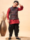 Boy's Maroon Jacquard Jacket With Maroon Kurta And Dhoti Set