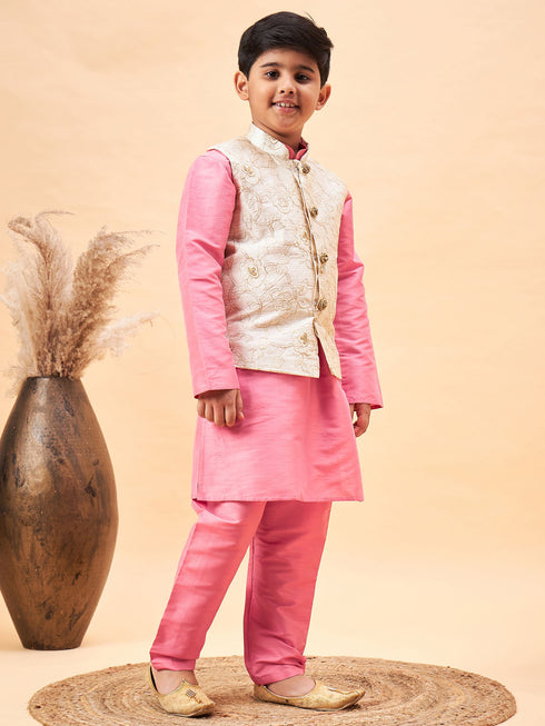 Boy's Beige Woven Nehru Jacket With Pink Kurta Pyjama Set
