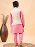 Boy's Beige Woven Nehru Jacket With Pink Kurta Pyjama Set