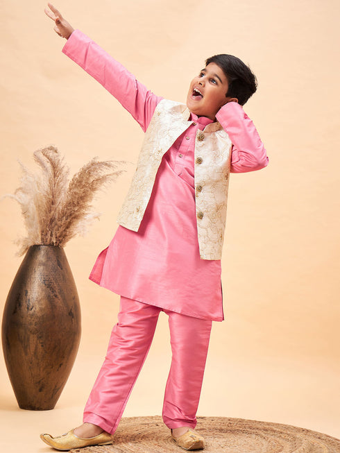 Boy's Beige Woven Nehru Jacket With Pink Kurta Pyjama Set
