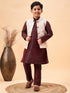 Boy's Beige Nehru Jacket With Wine Kurta And Pyjama Set