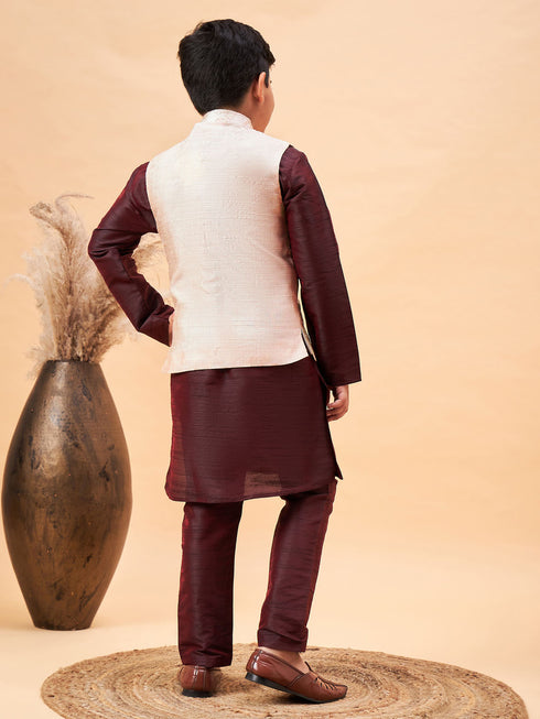 Boy's Beige Nehru Jacket With Wine Kurta And Pyjama Set