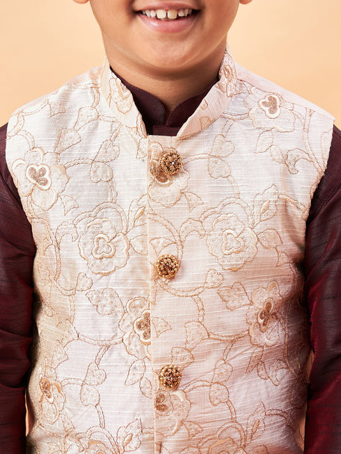 Boy's Beige Nehru Jacket With Wine Kurta And Pyjama Set