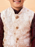 Boy's Beige Nehru Jacket With Wine Kurta And Pyjama Set
