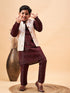 Boy's Beige Nehru Jacket With Wine Kurta And Pyjama Set