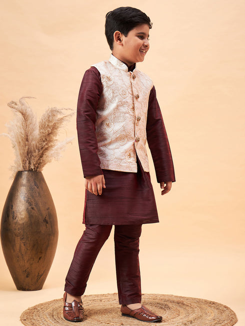 Boy's Beige Nehru Jacket With Wine Kurta And Pyjama Set