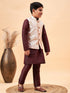 Boy's Beige Nehru Jacket With Wine Kurta And Pyjama Set
