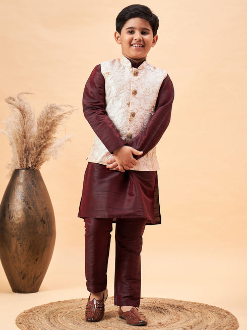 Boy's Beige Nehru Jacket With Wine Kurta And Pyjama Set