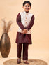 Boy's Beige Nehru Jacket With Wine Kurta And Pyjama Set