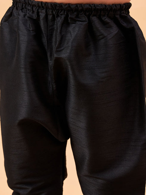 Boy's Beige Woven Nehru Jacket With Black Kurta Pyjama Set