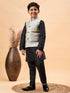 Boy's Beige Woven Nehru Jacket With Black Kurta Pyjama Set