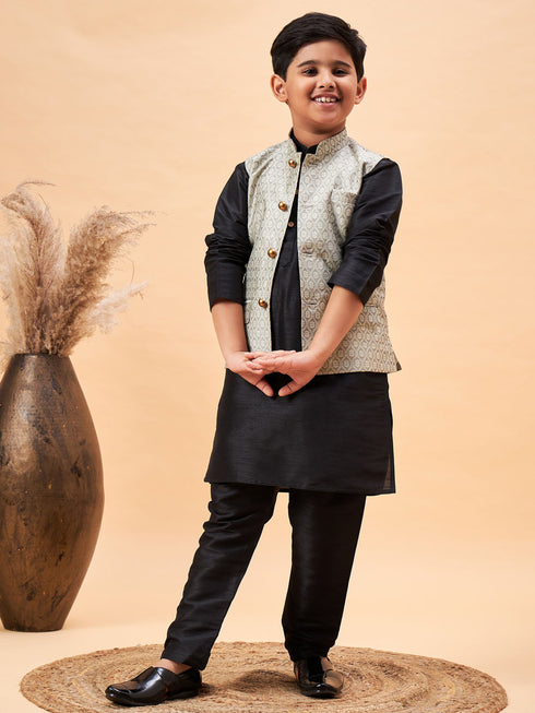 Boy's Beige Woven Nehru Jacket With Black Kurta Pyjama Set