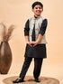 Boy's Beige Woven Nehru Jacket With Black Kurta Pyjama Set