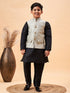 Boy's Beige Woven Nehru Jacket With Black Kurta Pyjama Set