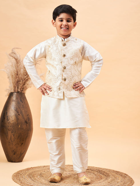 Boy's Beige Nehru Jacket With Cream Kurta And Pyjama Set