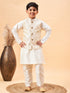 Boy's Beige Nehru Jacket With Cream Kurta And Pyjama Set