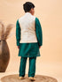 Boy's Beige Woven Nehru Jacket With Green Kurta Pyjama Set