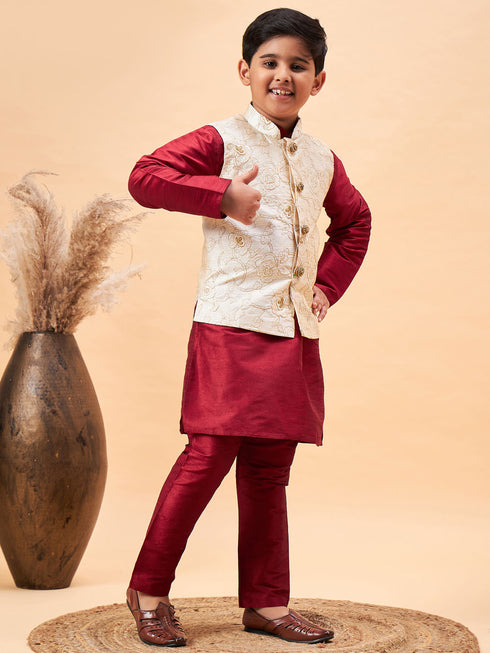 Boy's Beige Woven Jacket With Maroon Kurta And Pyjama Set