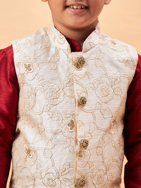 Boy's Beige Woven Jacket With Maroon Kurta And Pyjama Set
