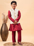 Boy's Beige Woven Jacket With Maroon Kurta And Pyjama Set