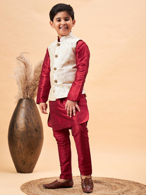 Boy's Beige Woven Jacket With Maroon Kurta And Pyjama Set