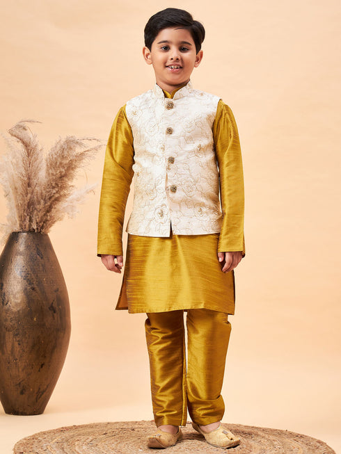 Boy's Beige Nehru Jacket With Mustard Kurta And Pyjama Set
