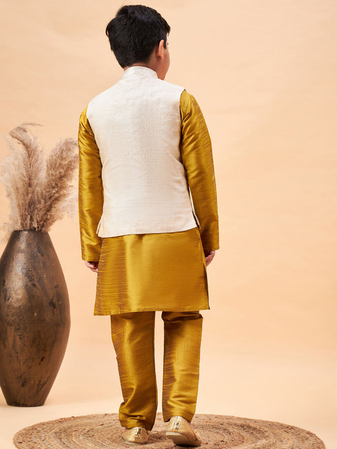 Boy's Beige Nehru Jacket With Mustard Kurta And Pyjama Set