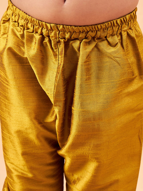 Boy's Beige Nehru Jacket With Mustard Kurta And Pyjama Set