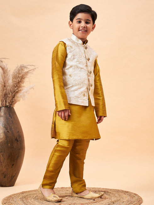 Boy's Beige Nehru Jacket With Mustard Kurta And Pyjama Set