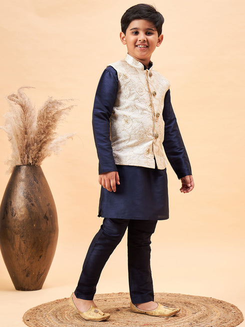 Boy's Beige Woven Nehru Jacket With Navy Blue Kurta Pyjama Set