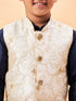 Boy's Beige Woven Nehru Jacket With Navy Blue Kurta Pyjama Set