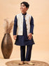 Boy's Beige Woven Nehru Jacket With Navy Blue Kurta Pyjama Set