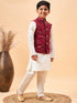 Boy's Maroon Nehru Jacket With Cream Kurta And Pyjama Set